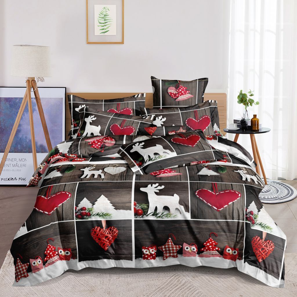 DomTextilu Vianočné hnedo červené posteľné obliečky s motívom sobov a srdiečok 2 časti: 1ks 140 cmx200 + 1ks 70 cmx80 Hnedá 180x220 cm 47815-220141
