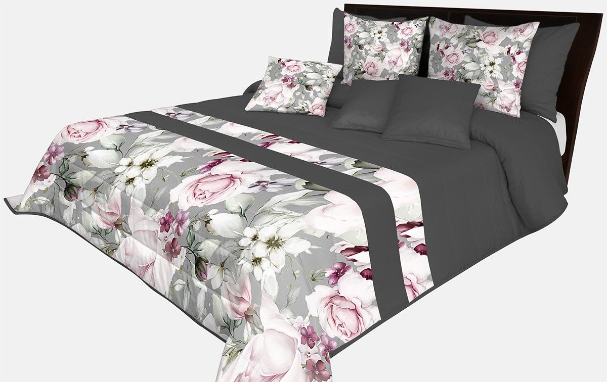 DomTextilu Romantický prehoz na posteľ v šedo-čiernej farbe s nádhernými ružovými kvetinami rôznych druhov Šírka: 220 cm | Dĺžka: 240 cm 65889-239711