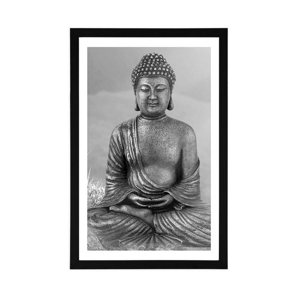 Plagát s paspartou socha Budhu v meditujúcej polohe v čiernobielom prevedení - 60x90 silver