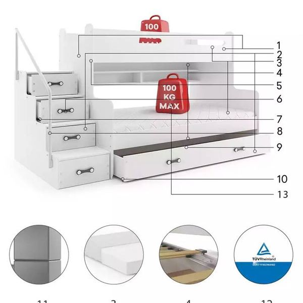 MAX 3 - Poschodová posteľ rozšírená - 200x120cm - Biely - Biely
