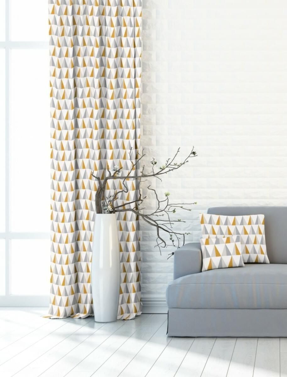 Dekoratívna záclona alebo látka, OXY Žlto-šedé trojuholníky, sivo-žltá, 150 cm