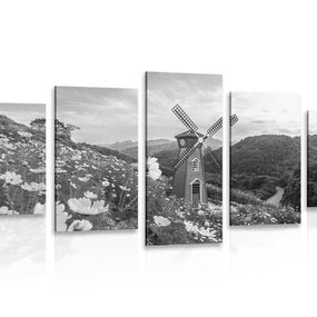 5-dielny obraz lúka pri kúzelnom mlyne v čiernobielom prevedení