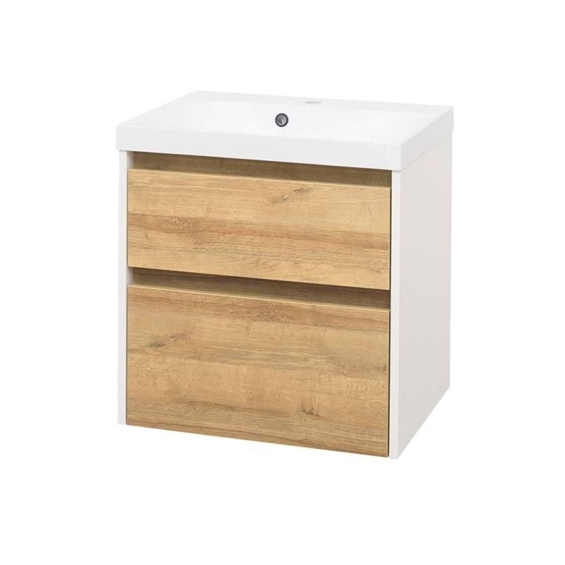 MEREO - Opto, kúpeľňová skrinka s umývadlom z liateho mramoru 61 cm, biela lesk/dub Riviera CN930M