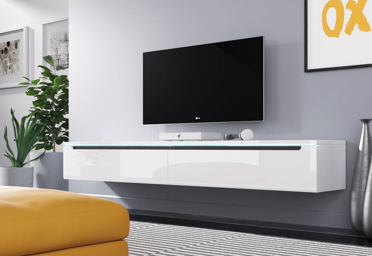 Expedo TV stolík MENDES DES I 180, 180x24x33, biela/biela lesk, bez LED osvetlenia