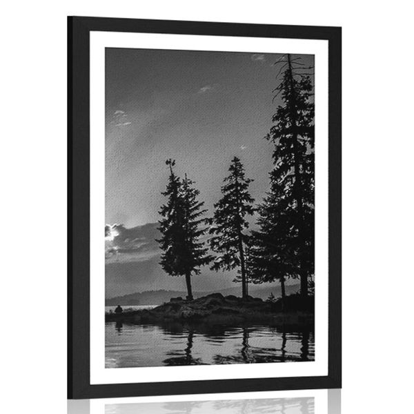 Plagát s paspartou horské jazero v čiernobielom prevedení - 60x90 silver