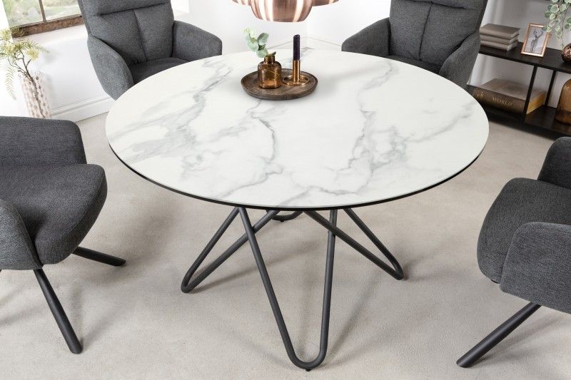 Estila Industriálny okrúhly jedálenský stôl Industria Marbleux v modernom prevedení so sklenenou doskou s mramorovým vzhľadom 120cm
