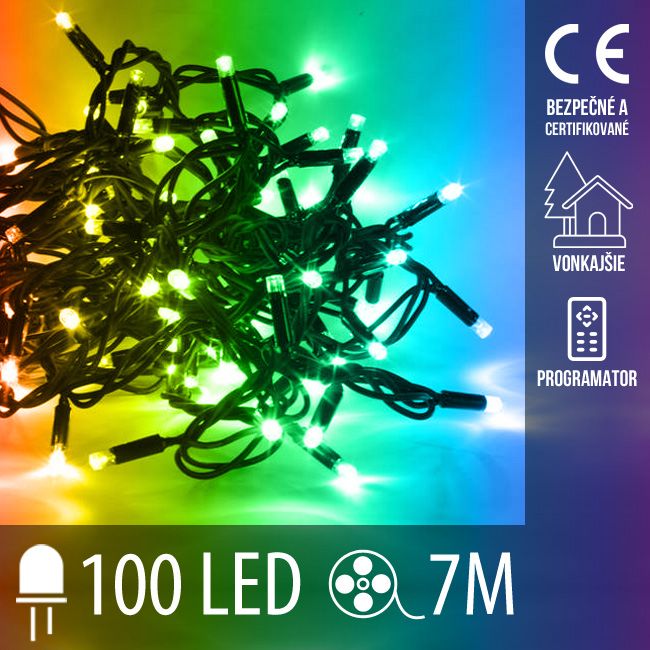 Vianočná LED svetelná reťaz vonkajšia + programy - 100LED - 7M Multicolour