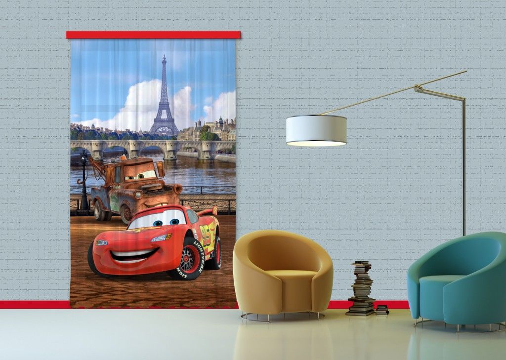 FCP L 6101 AG Design textilný foto záves detský obrazový Cars in Paris - Autá v Paríži Disney FCPL 6101 s úplným zatienením, veľkosť 140 x 245 cm