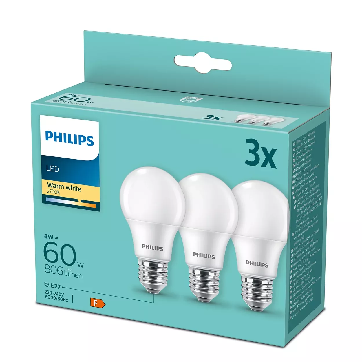 Philips 8718699775490 LED žiarovka E27 8W/60W 806lm A60 2700K 3-set