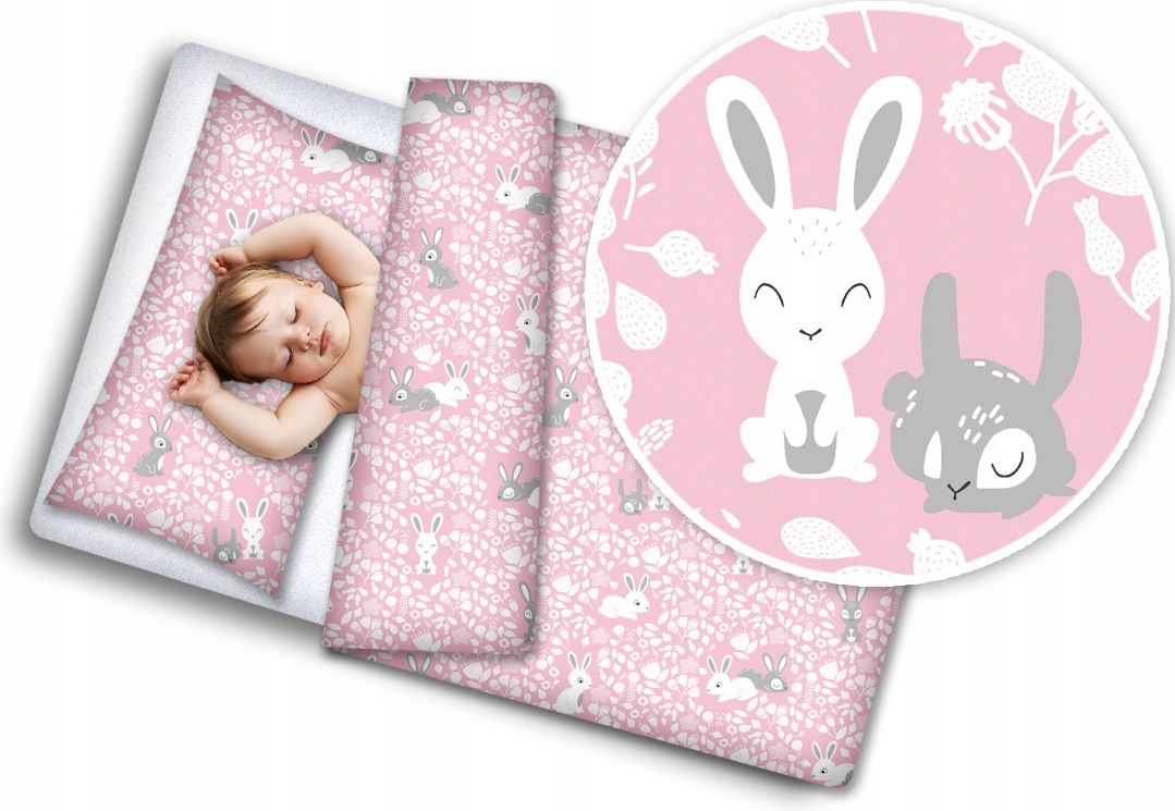Detské bavlnené obliečky do postieľky 135x100 cm PREMIUM - Ružové králiky