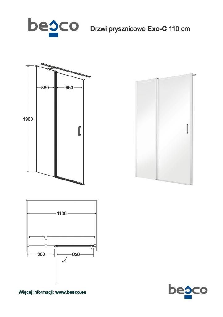 HOPA - Bezrámové sprchové dvere EXO-C - Farba rámu zásteny - Hliník chróm, Pevná stena - 100 cm, Rozmer A - 110 cm, Rozmer C - 190 cm, Smer zatváranie - Univerzálny Ľavé / Pravé, Výplň - Číre bezpečnostné sklo - 6 mm BCEXOC110CC + BCEXOCH100CC…