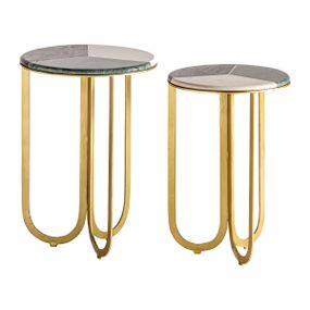 Estila Art-deco set dvoch okrúhlych príručných stolíkov Corbusier s kovovými nohami zlatej farby a mramorovými povrchovými doskami 64cm