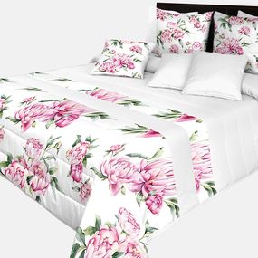 DomTextilu Prehoz na posteľ v krásnej bielej farbe s potlačou ružových kvetín a zelených listov Šírka: 170 cm | Dĺžka: 210 cm 65870-239591