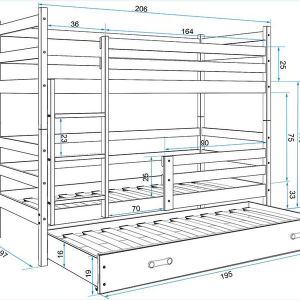 Poschodová posteľ s prístelkou ERIK 3 - 200x90cm Borovica - Biely