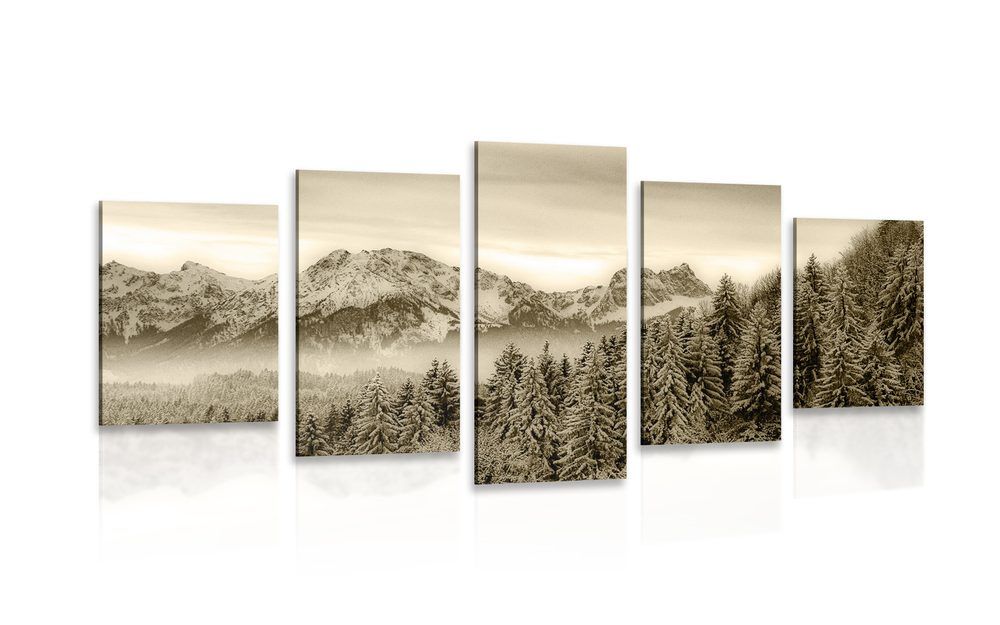 5-dielny obraz zamrznuté hory v sépiovom prevedení