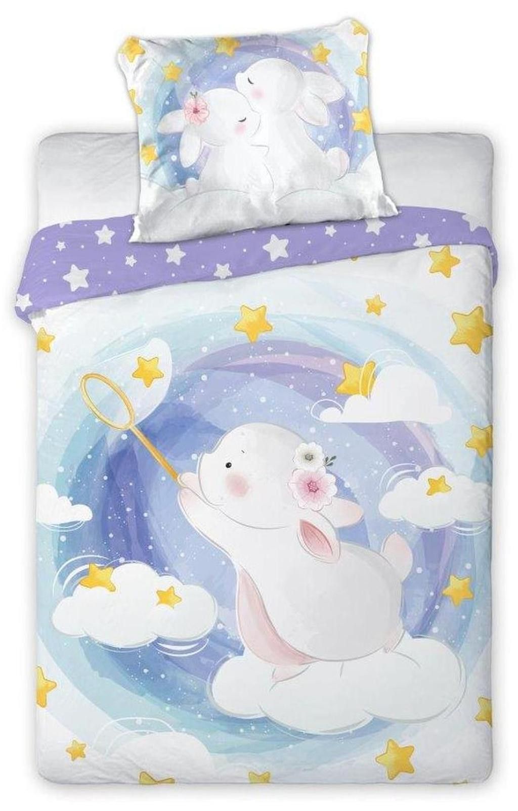 Bavlnená posteľná bielizeň pre deti s roztomilým zajačikom a motívom nočnej oblohy 2ks: 100 cmx135 + obliečka 40x60 Biela