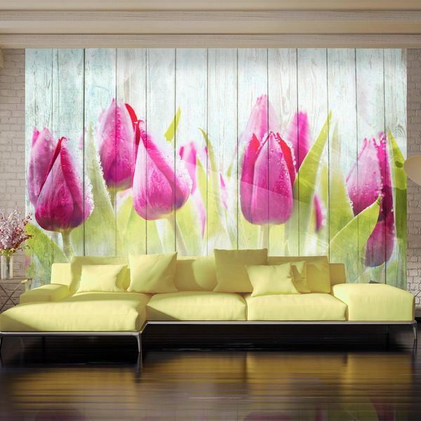 Fototapeta tulipány na dreve - Tulips on white wood - 400x280