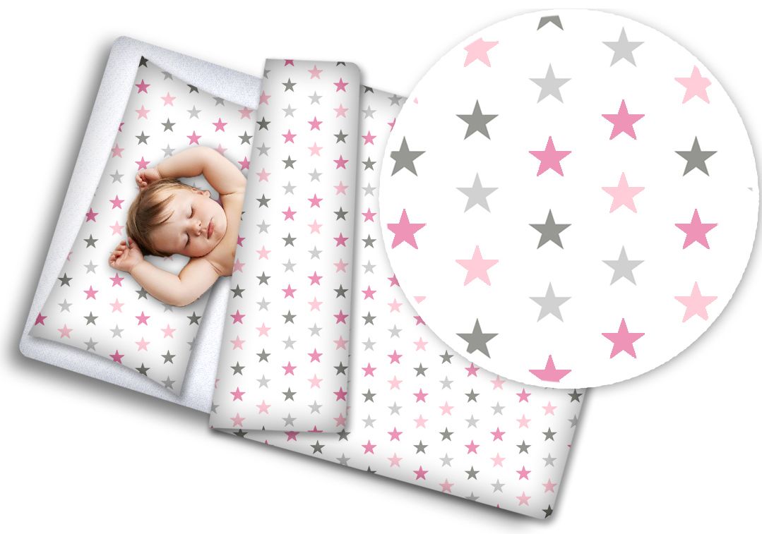 Detské bavlnené obliečky do postieľky 120x90 cm BABYMAM PREMIUM - Ružové a šedé hviezdičky