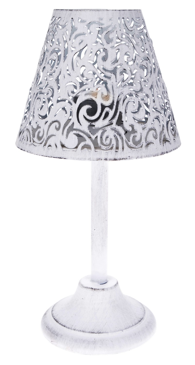 Dekoračný svietnik tvar lampa, biely kov