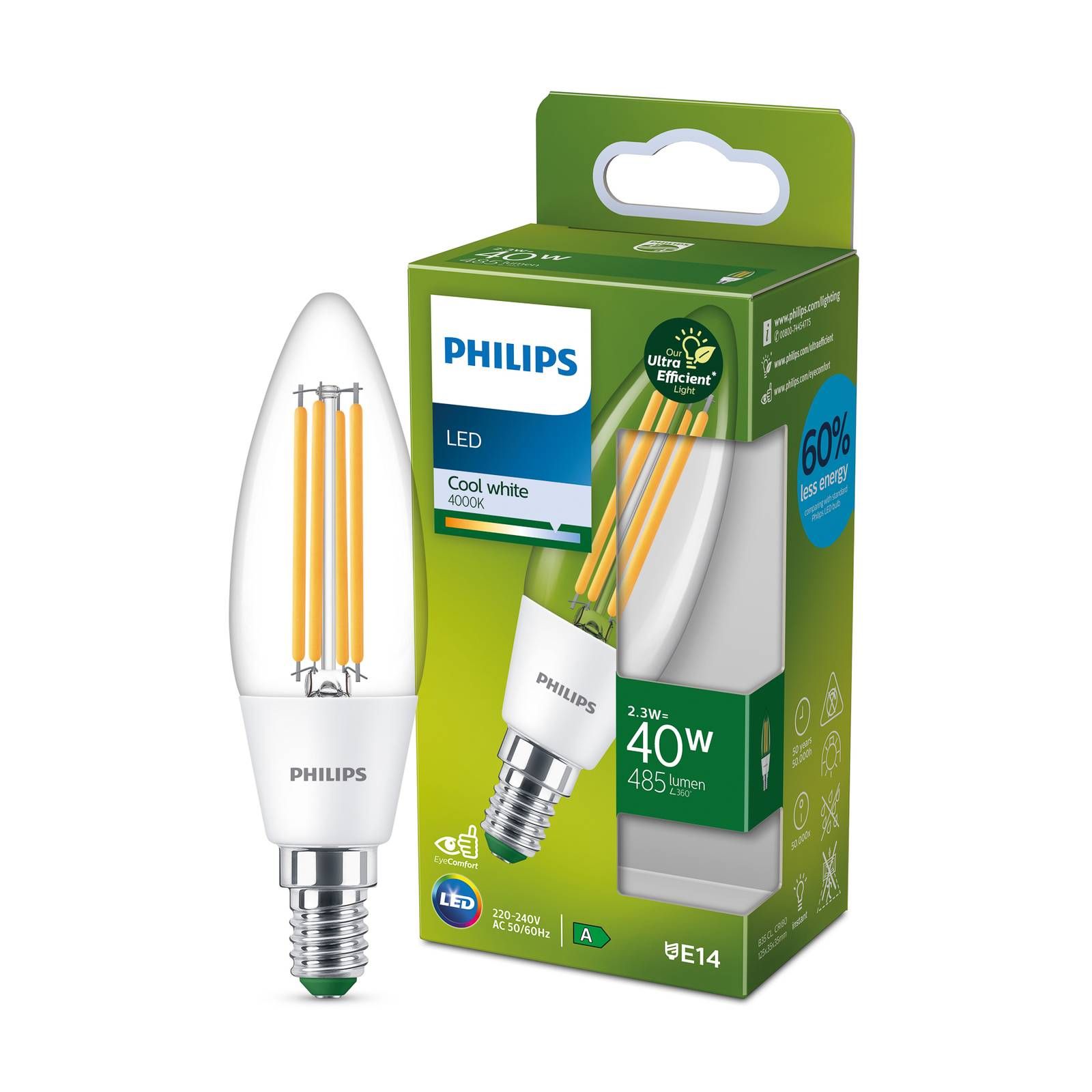 Philips LED žiarovka E14 2, 3W 485lm číra 4 000K, sklo, E14, 2.3W, Energialuokka: A, P: 12.5 cm