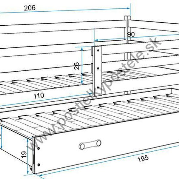 Posteľ s prístelkou ERIK 2 - 200x90cm Borovica - Modrý