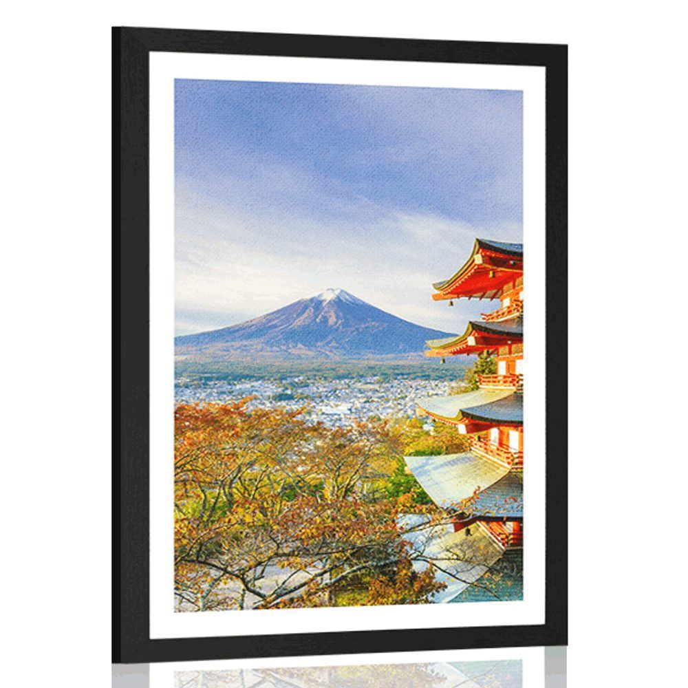 Plagát s paspartou výhľad na Chureito Pagoda a horu Fuji - 30x45 black