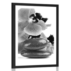 Plagát s paspartou SPA kamene a orchidea v čiernobielom prevedení - 30x45 black