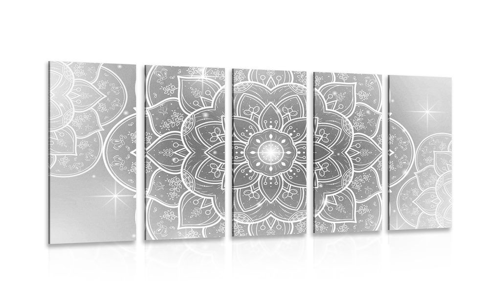 5-dielny obraz orientálna Mandala v čiernobielom prevedení