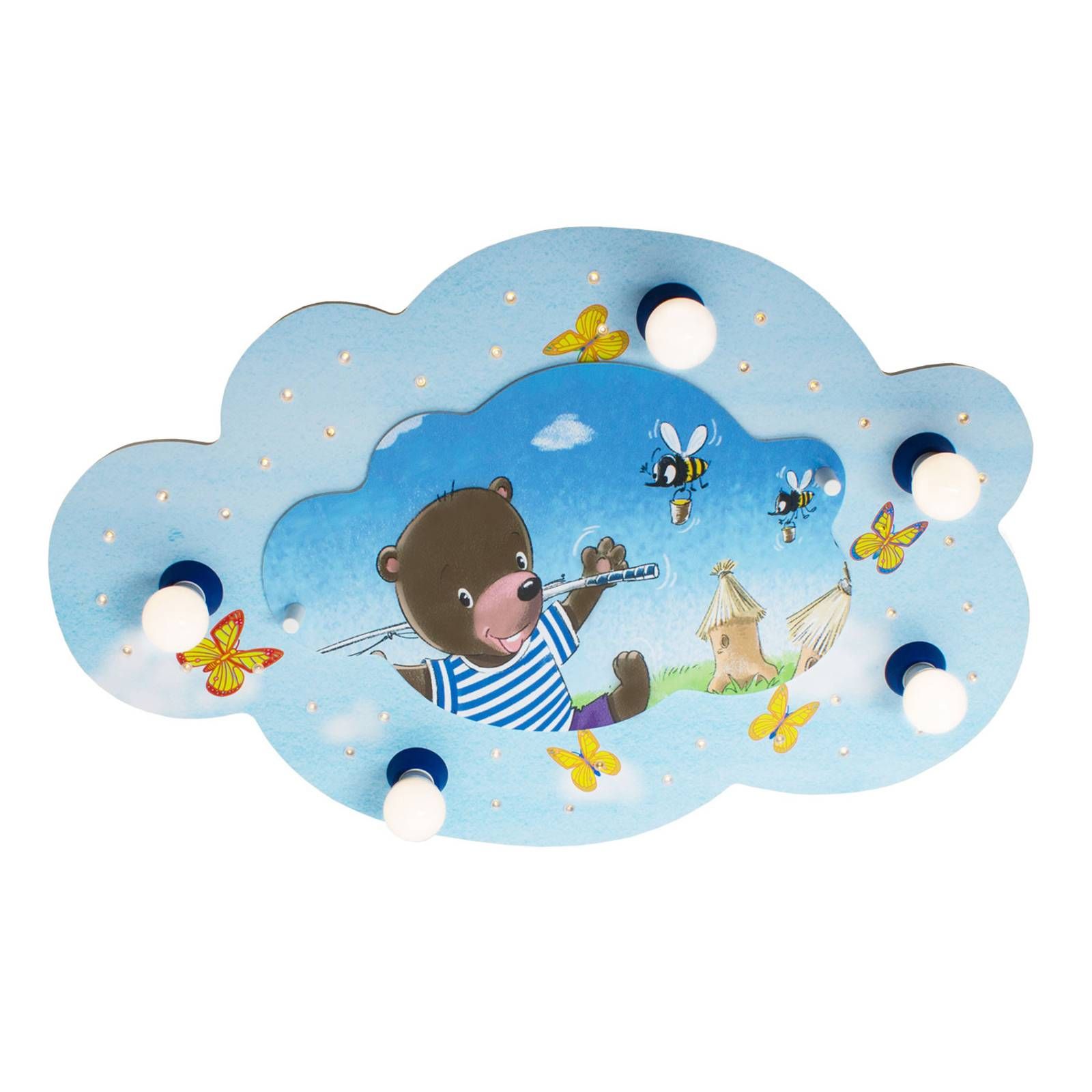Elobra Stropné svietidlo Medveď s anjelom oblak modré, Detská izba, drevo, E14, 40W, P: 75 cm, L: 50 cm, K: 8cm
