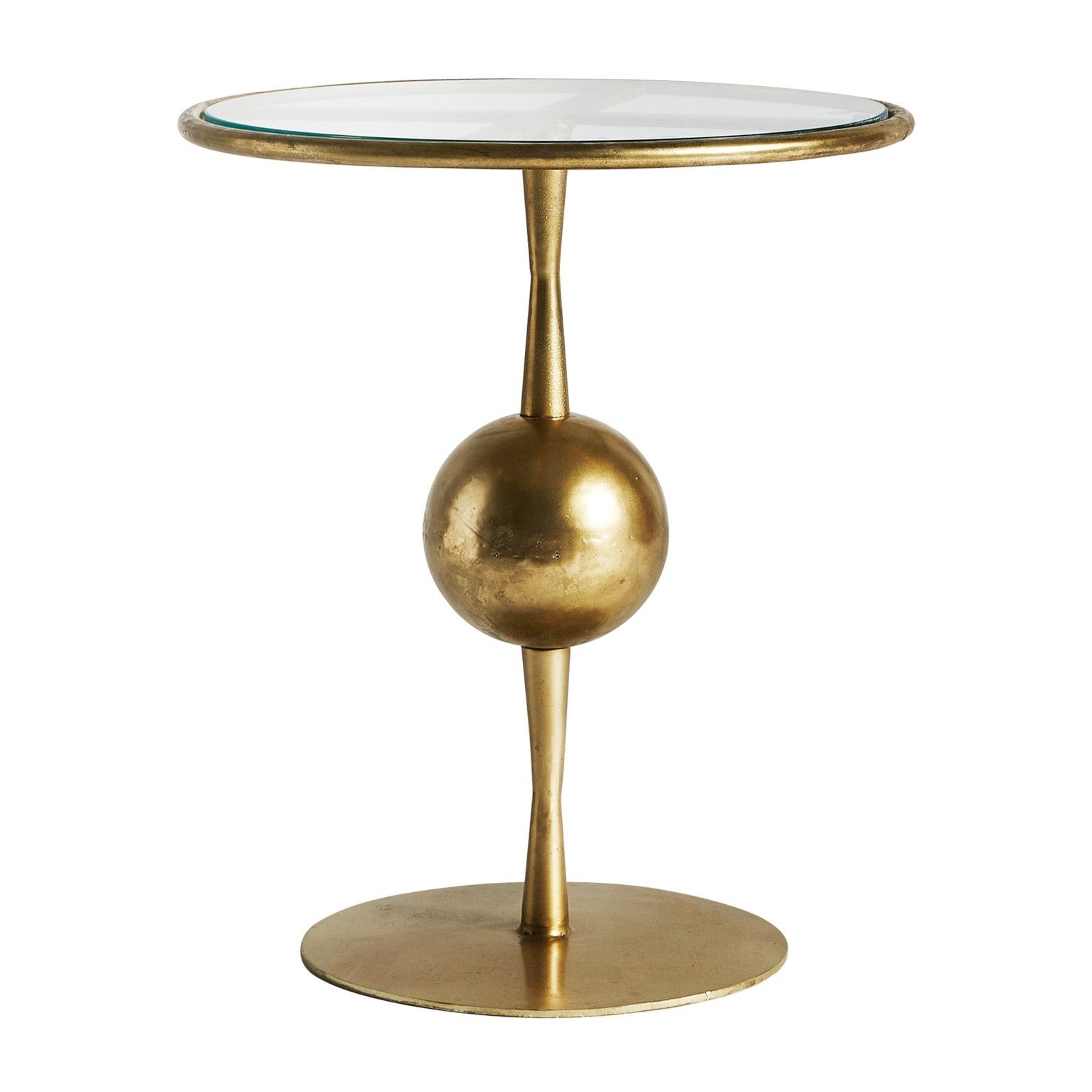 Estila Art-deco dizajnový okrúhly príručný stolík Terrie do obývačky z kovu v zlatej farbe so sklenenou povrchovou doskou 46cm