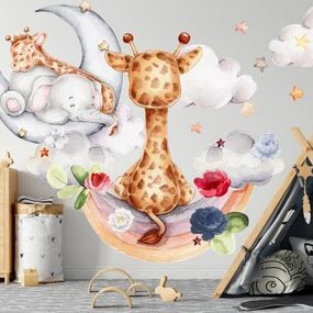 DomTextilu Nálepka na stenu so sloníkom a žirafou v oblakoch 120 x 240 cm