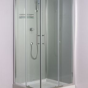 Sprchový box LIZA SILVER, štvorcový, 80 x 80, profil chróm, sklo transparent, zadné strieborné, vanička, bez striešky