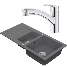 VIMA Drezový set Grohe 6/C - Granitový drez, 1,5 sektora, 96x48cm, Sivá + Drezová batéria Grohe Eurosmart