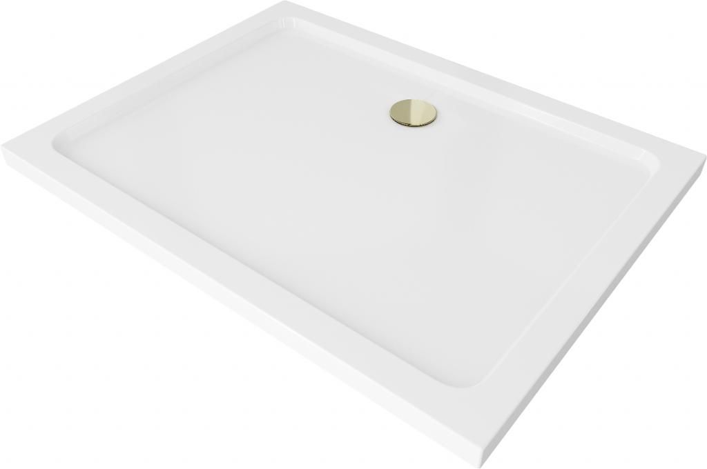 MEXEN/S - Flat sprchová vanička obdĺžniková slim 100 x 70 cm, biela + zlatý sifón 40107010G