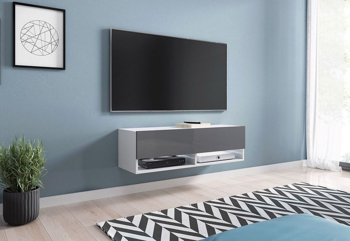Expedo TV stolík MENDES A 100, 100x30x32, biela/sivá lesk, bez LED osvetlenia