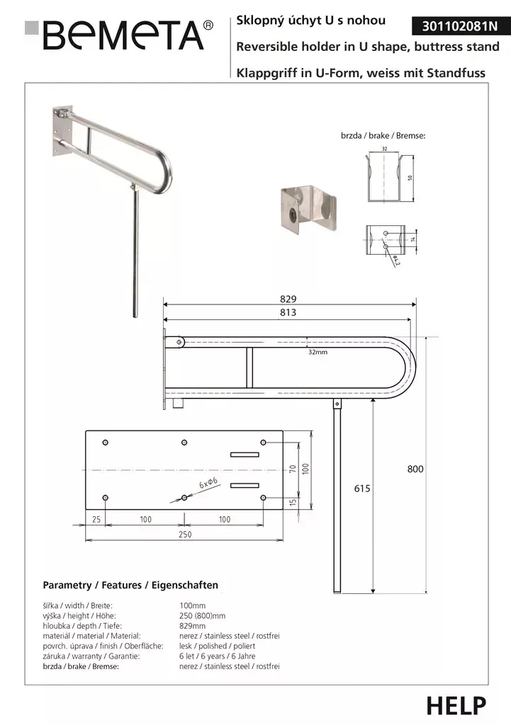 BEMETA HELP sklopné madlo v tvare U s opornou nohou 813 mm nerez 301102081N