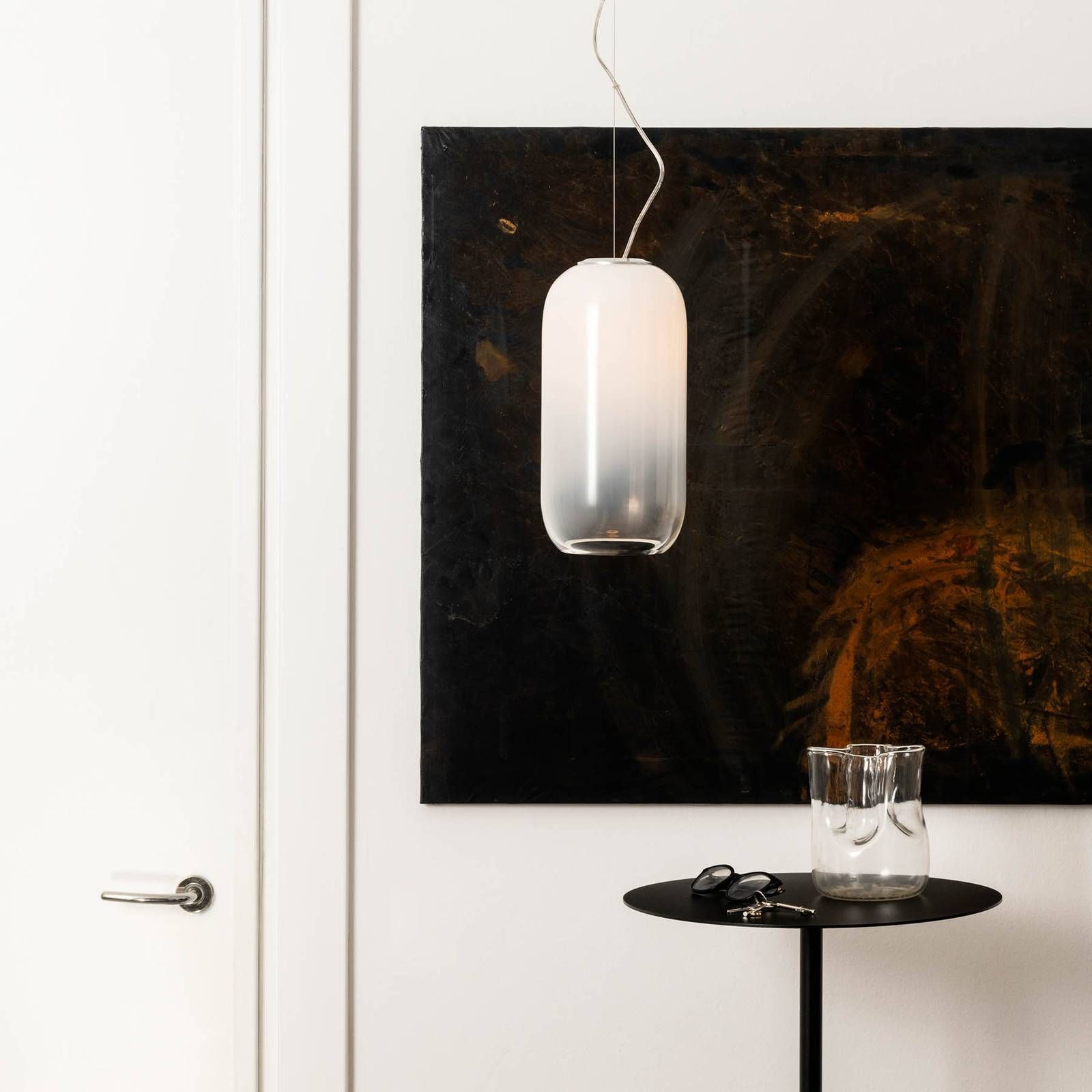 Artemide Gople závesná lampa, biela/biela, Obývacia izba / jedáleň, fúkané sklo, hliník, E27, 20W, K: 42cm
