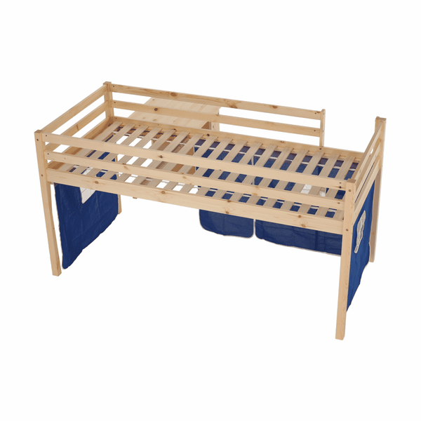 Posteľ s PC stolom, borovicové drevo/modrá, 90x200, ALZENA