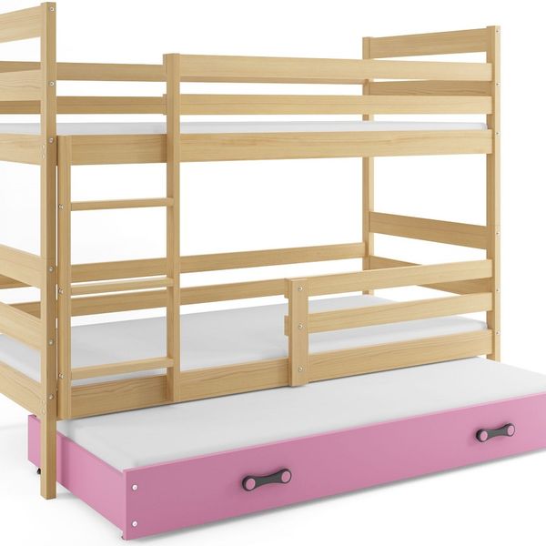 Poschodová posteľ s prístelkou - ERIK 3 - 190x80cm Borovica - Ružový