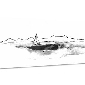 Obraz jachta na mori v čiernobielom prevedení - 120x60