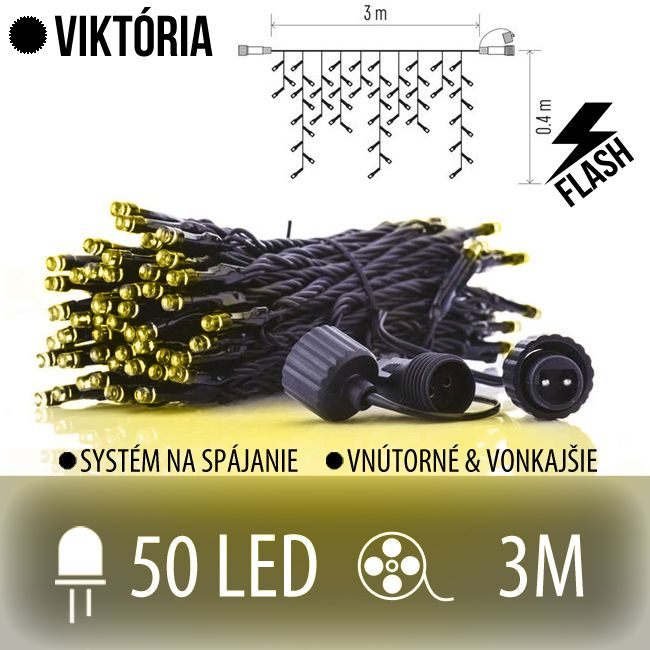 VIKTÓRIA spojovateľná LED svetelná záclona vonkajšia FLASH - 50LED - 3M Teplá biela