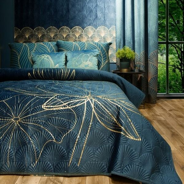 DomTextilu Dizajnový prehoz na posteľ LOTOS modrej farby so zlatým motívom Šírka: 220 cm | Dĺžka: 240 cm 68993-244836