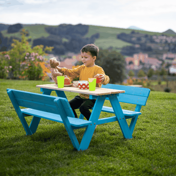 Detské záhradné sedenie, drevo, modrá/prírodná, ABALO