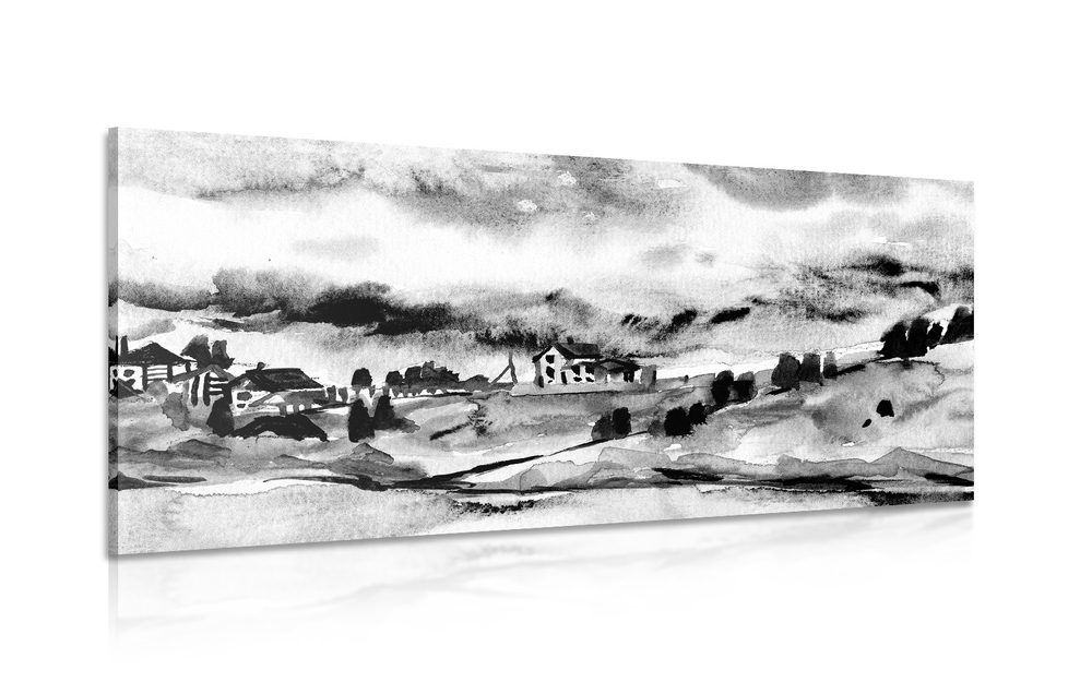 Obraz akvarelová dedinka v čiernobielom prevedení - 120x60