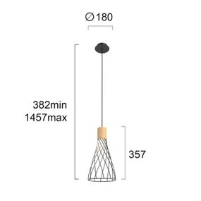 Viokef Závesná lampa Hank s mriežkovým tienidlom, čierna, Obývacia izba / jedáleň, elektrostatická lakovaná oceľ, drevo, GU10, 40W, K: 35.7cm