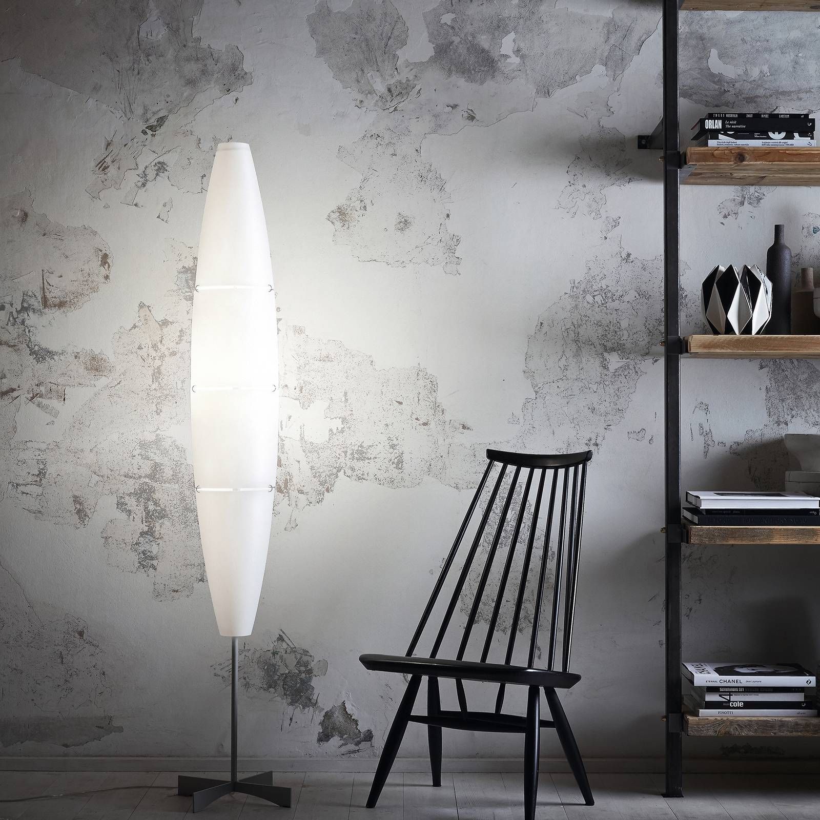 Foscarini Havana stojaca, stmievač, chróm/biela, Obývacia izba / jedáleň, vstrekovaný polyetylén, kov, E27, 150W, K: 172cm