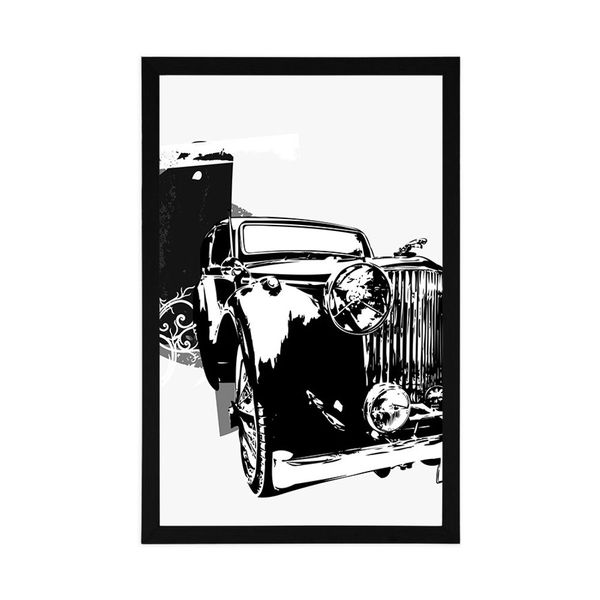 Plagát čiernobiele retro auto s abstrakciou - 60x90 silver