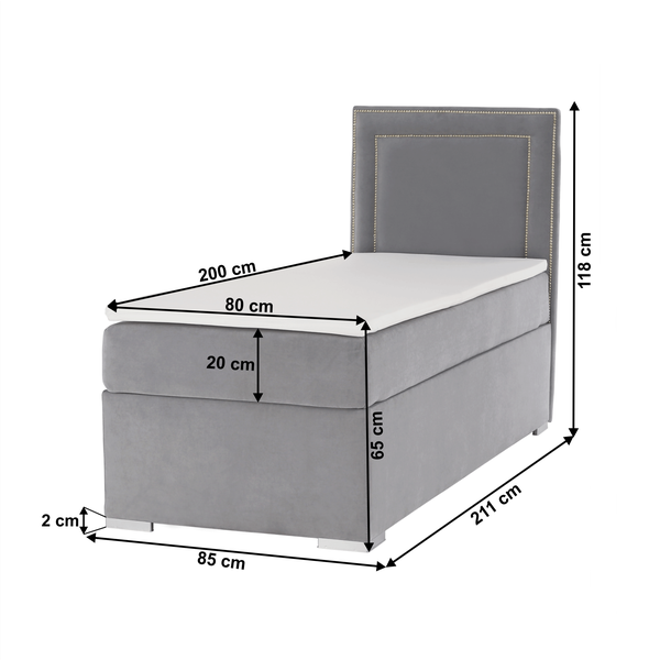 Boxspringová posteľ, jednolôžko, svetlosivá, 80x200, pravá, BILY