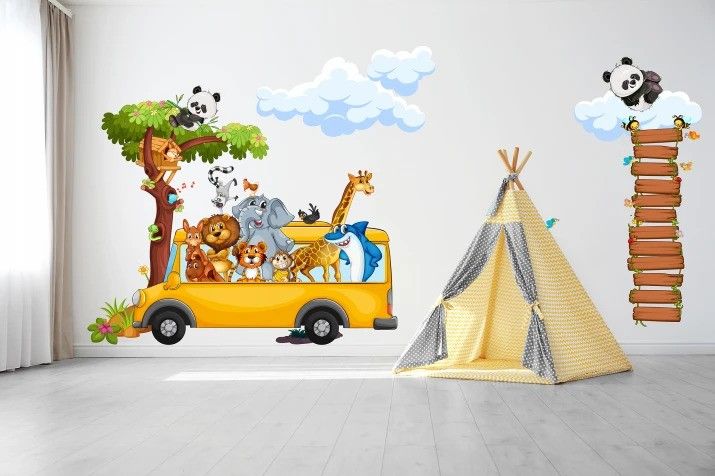 DomTextilu Nálepka na stenu pre deti veselé safari zvieratká v autobuse 150 x 300 cm