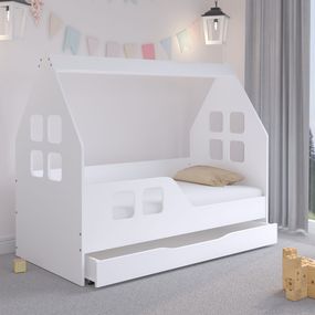Detská domčeková posteľ KIDHOUSE so zásuvkou - biela - ľavá - 140x70 cm